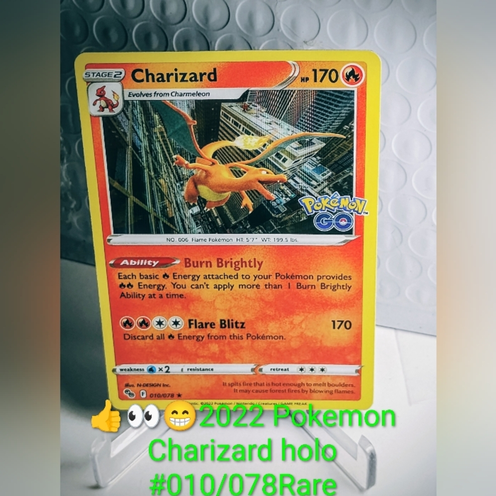 Pokémon Charizard Holo Card - Orange/Yellow Rare Pokemon Go 010/078